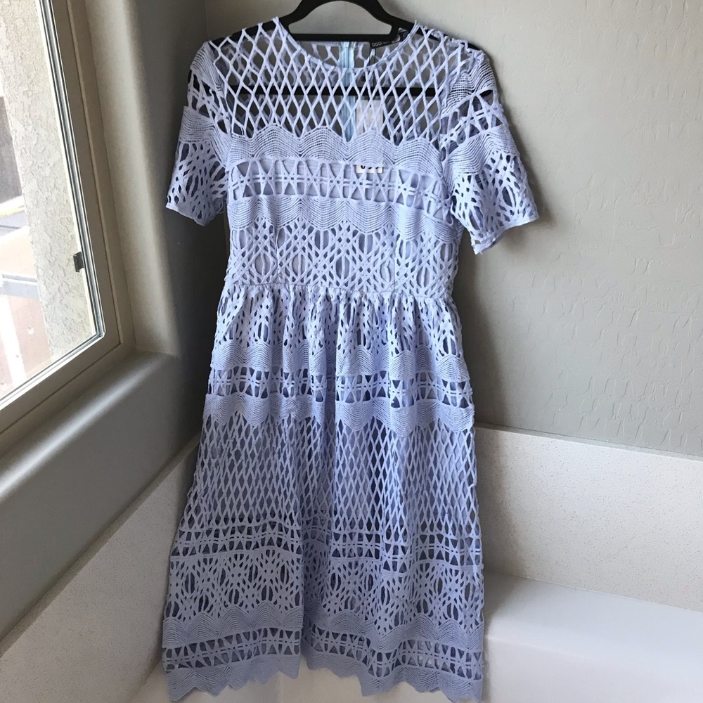Cornflower blue crochet lace skater dress